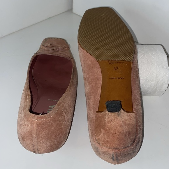 PRADA pale rose SUEDE kitten heel loafers squared toe W bow, 1.5” pumps 37 VGUC - Picture 6 of 16